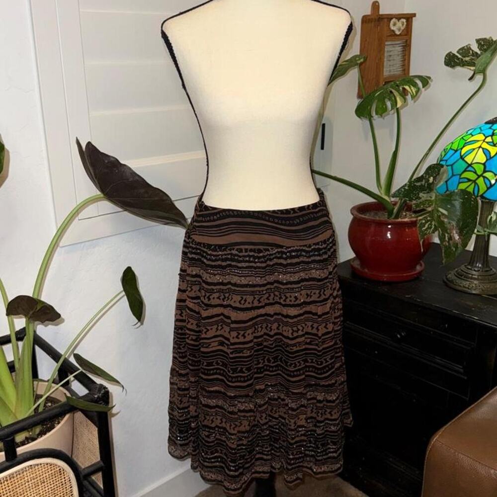 Vintage Y2K Kay Unger 100% Silk Beaded Sequin Boho Tiered Midi Skirt Size 4